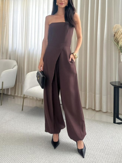 Strapless Wrap Front Wide Leg Jumpsuit