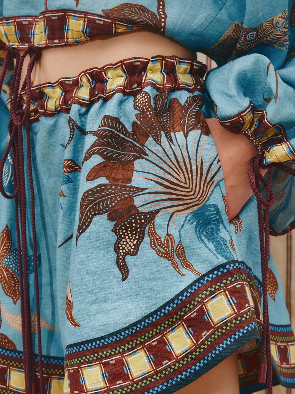 Boho Print Color Block Drawstring Drop Shoulder Top and Shorts Set