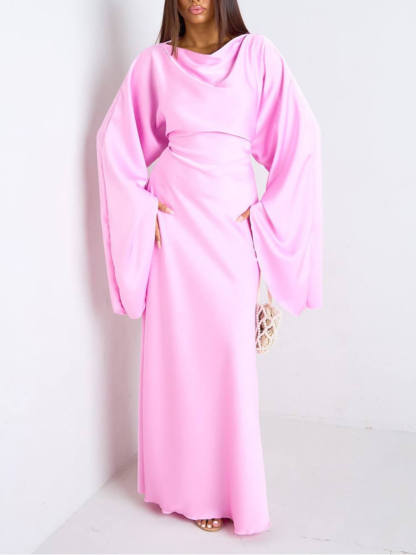 Elegant Ruched Satin Lantern-Sleeve Maxi Dress