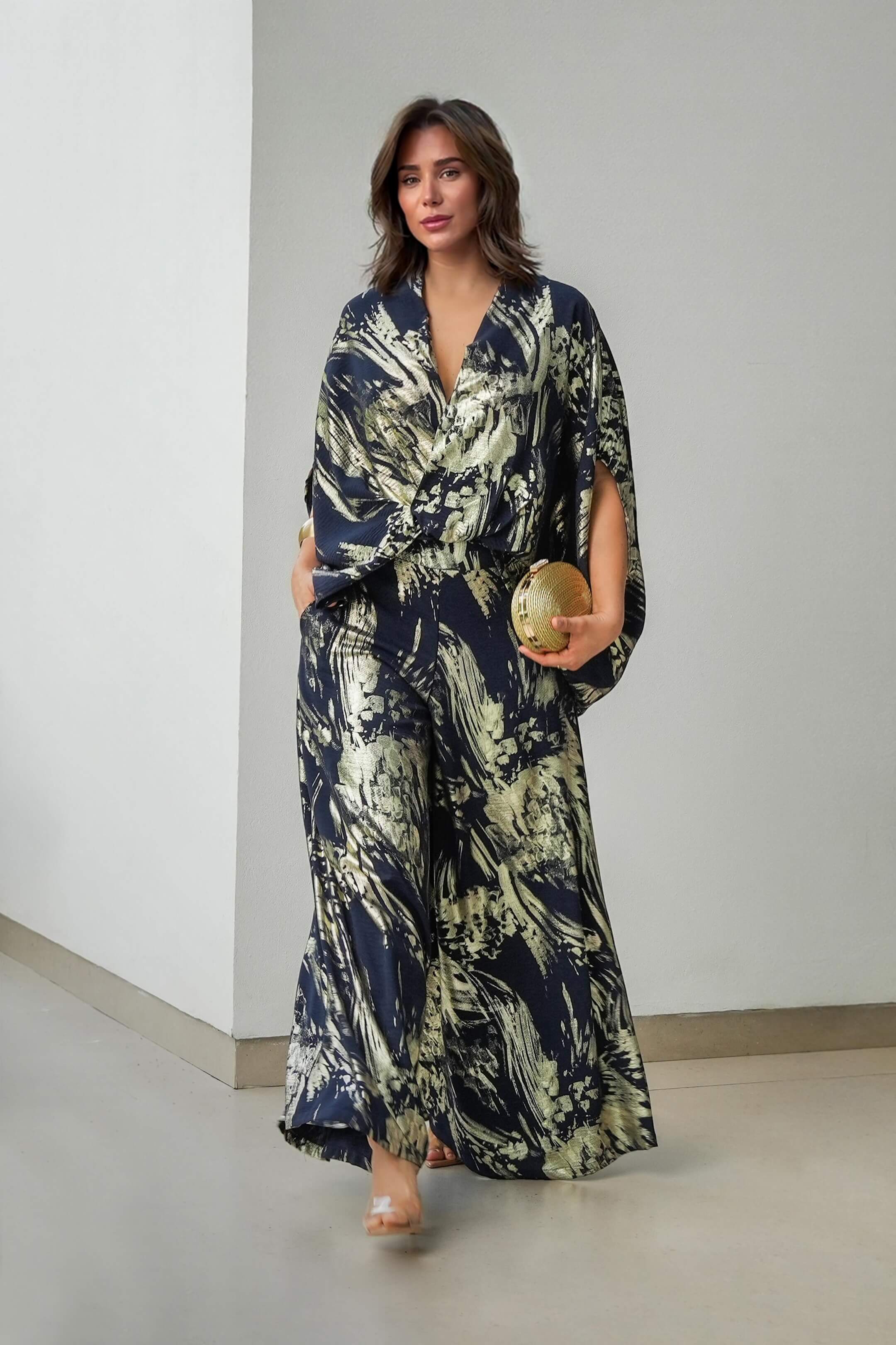 Retro Fashion Ethnic Print Elastic Waist Loose Pocket Wide-Leg Pants