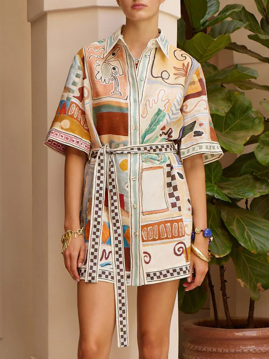 Unique Abstract Art Print Belted Shirt Dress