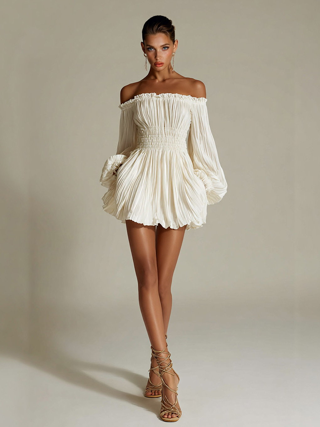 Elegant Off-shoulder Pleated Satin Puff Sleeve Mini Dress