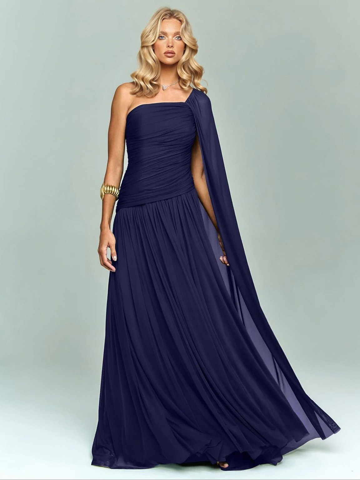 Elegant One-Shoulder Ruched Chiffon Maxi Dress