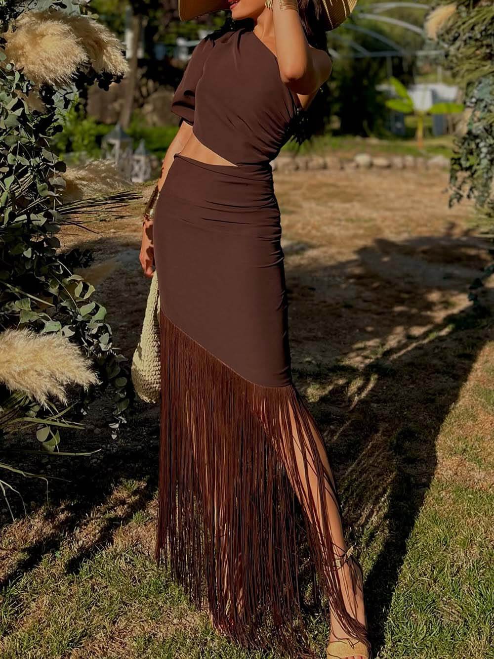 Fashion One-Shoulder Fringe Panel Cutout Slim Maxi Dress