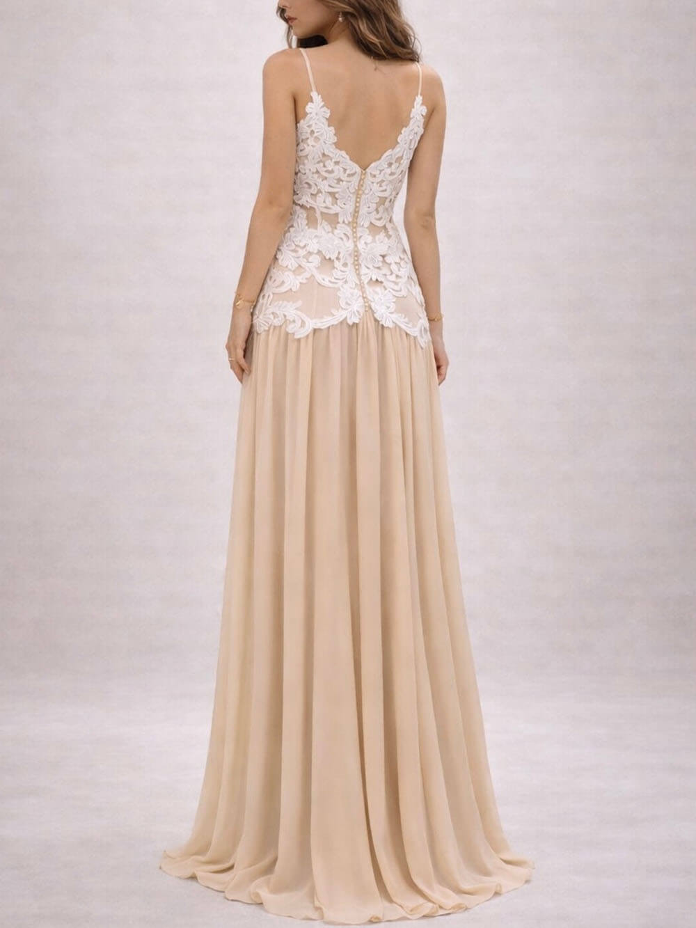 Exquisite Lace-Trim Backless Adjustable Strap Maxi Dress