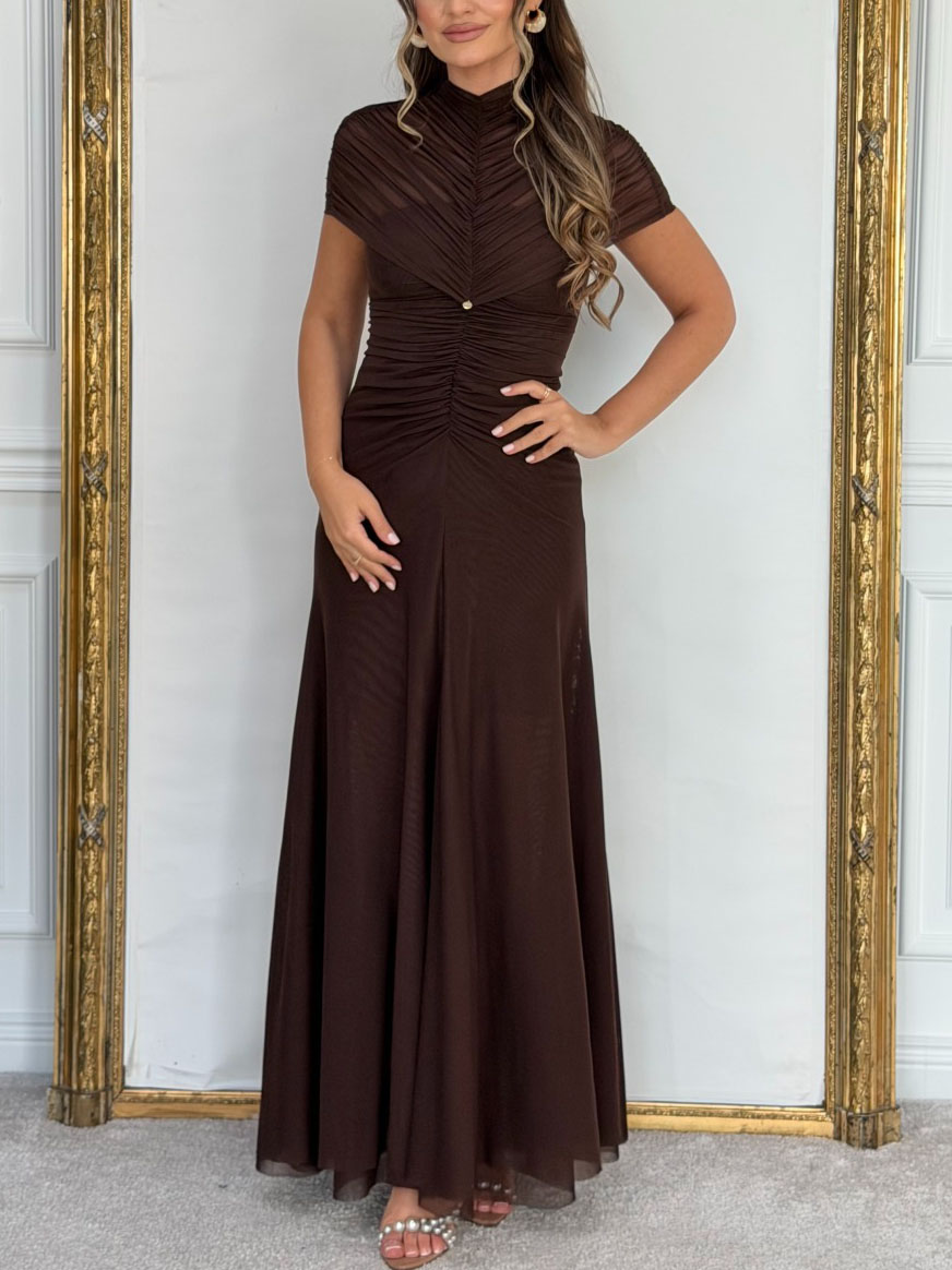 Mesh Pleated Short-sleeved Maxi Dress