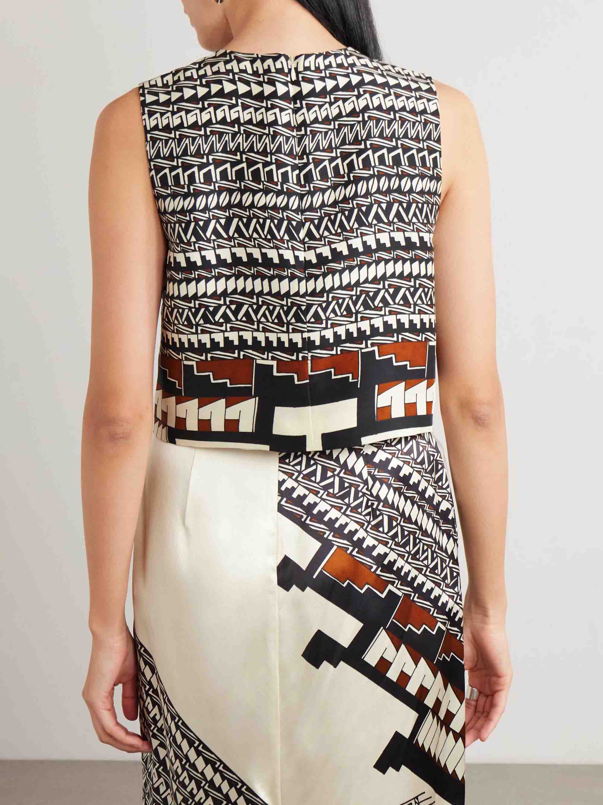 Geometric Print Satin Crop Top & Midi Skirt Two Piece Set