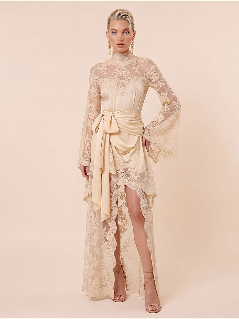 Elegant Lace High Neck Irregular Hem Maxi Dress