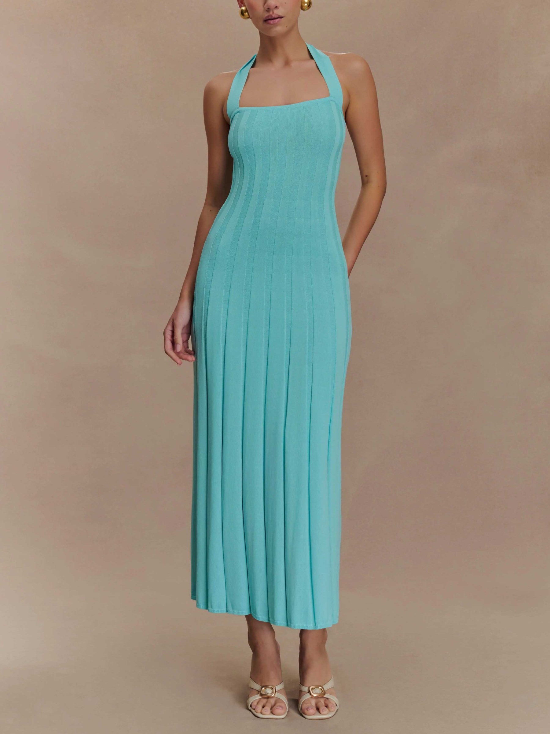 Elegant Halter Neck Ribbed Knit Midi Dress