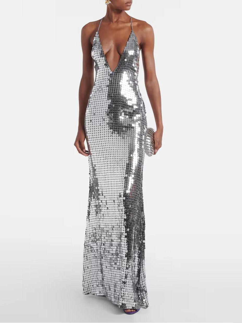 Elegant Sequined V-neck Open-back Maxi Dress