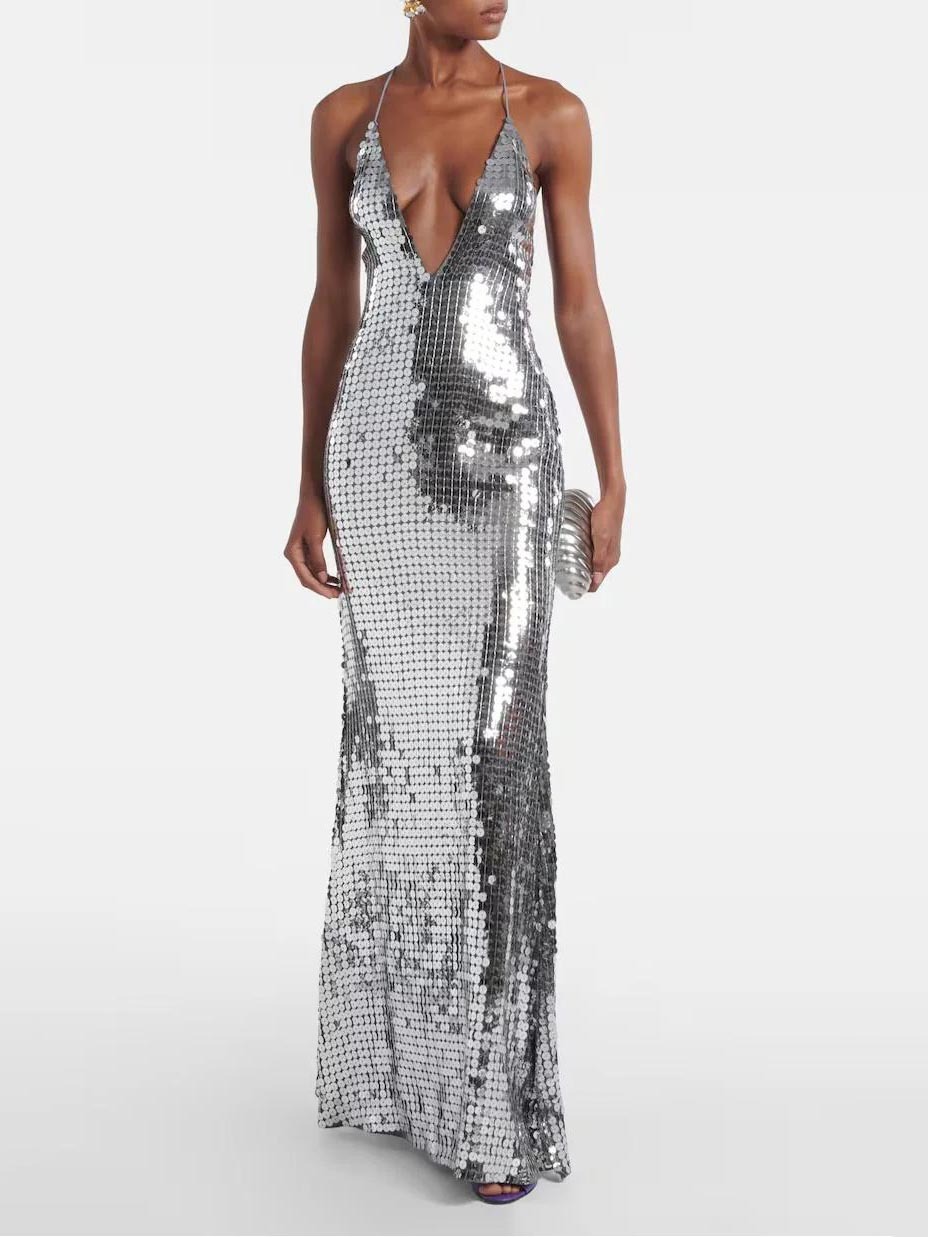 Elegant Sequined V-neck Open-back Maxi Dress