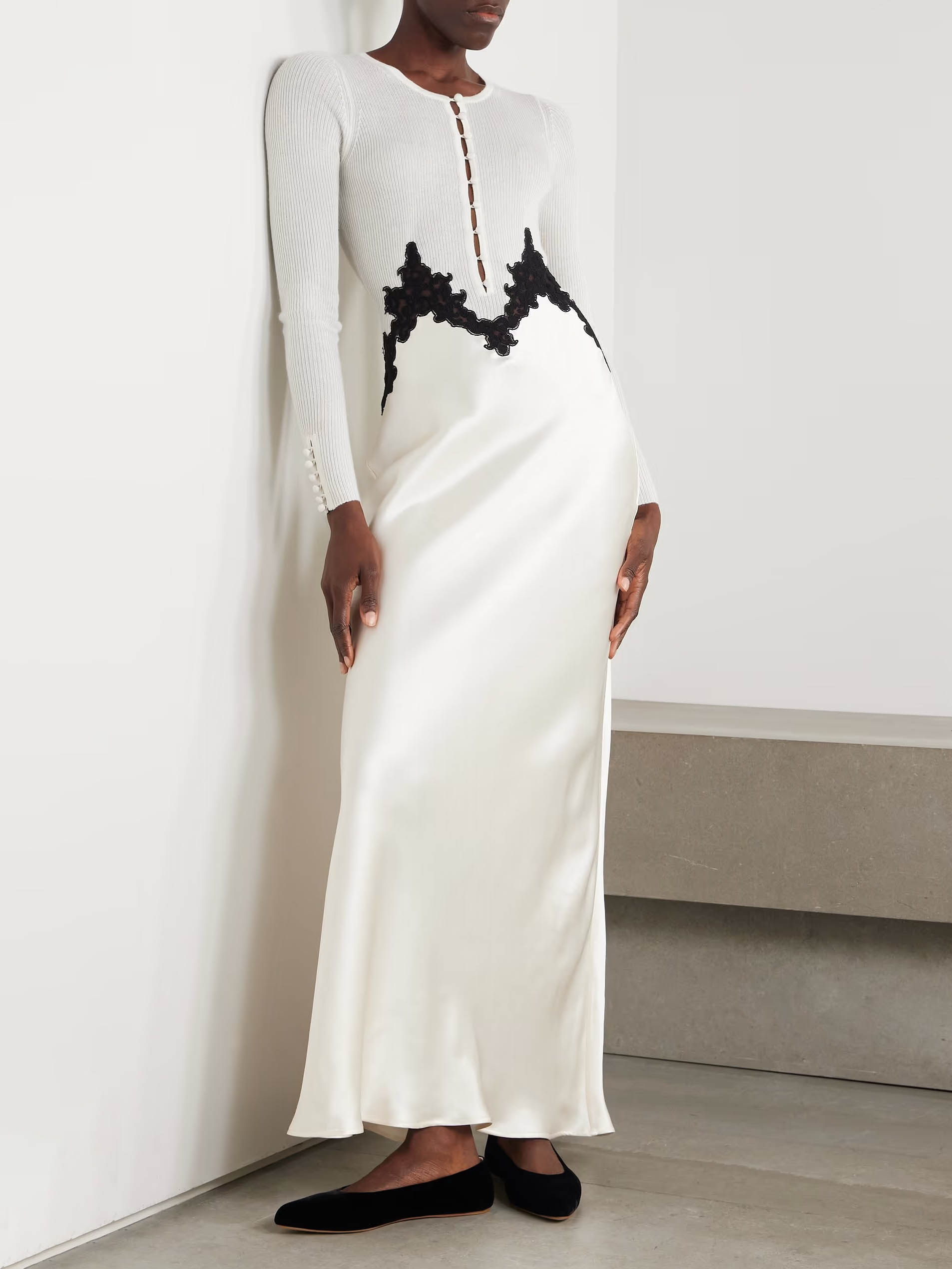 Elegant Contrast-Lace Ribbed Top And Satin Maxi Dress