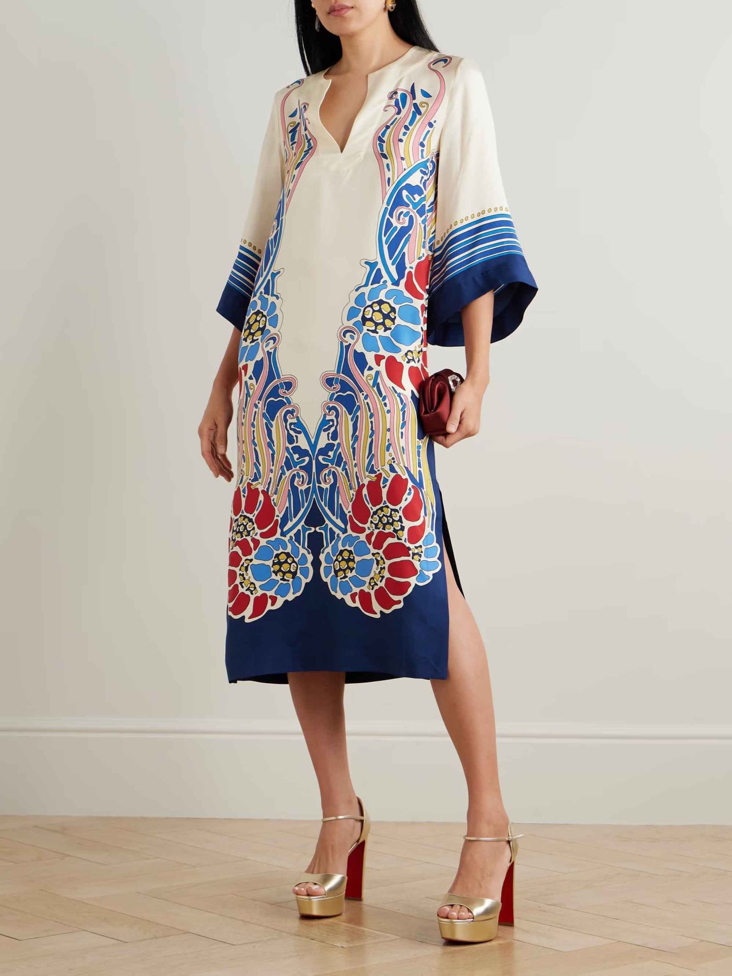 Exquisite Satin Floral Print Midi Dress