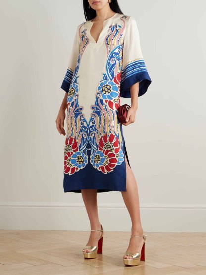 Exquisite Satin Floral Print Midi Dress