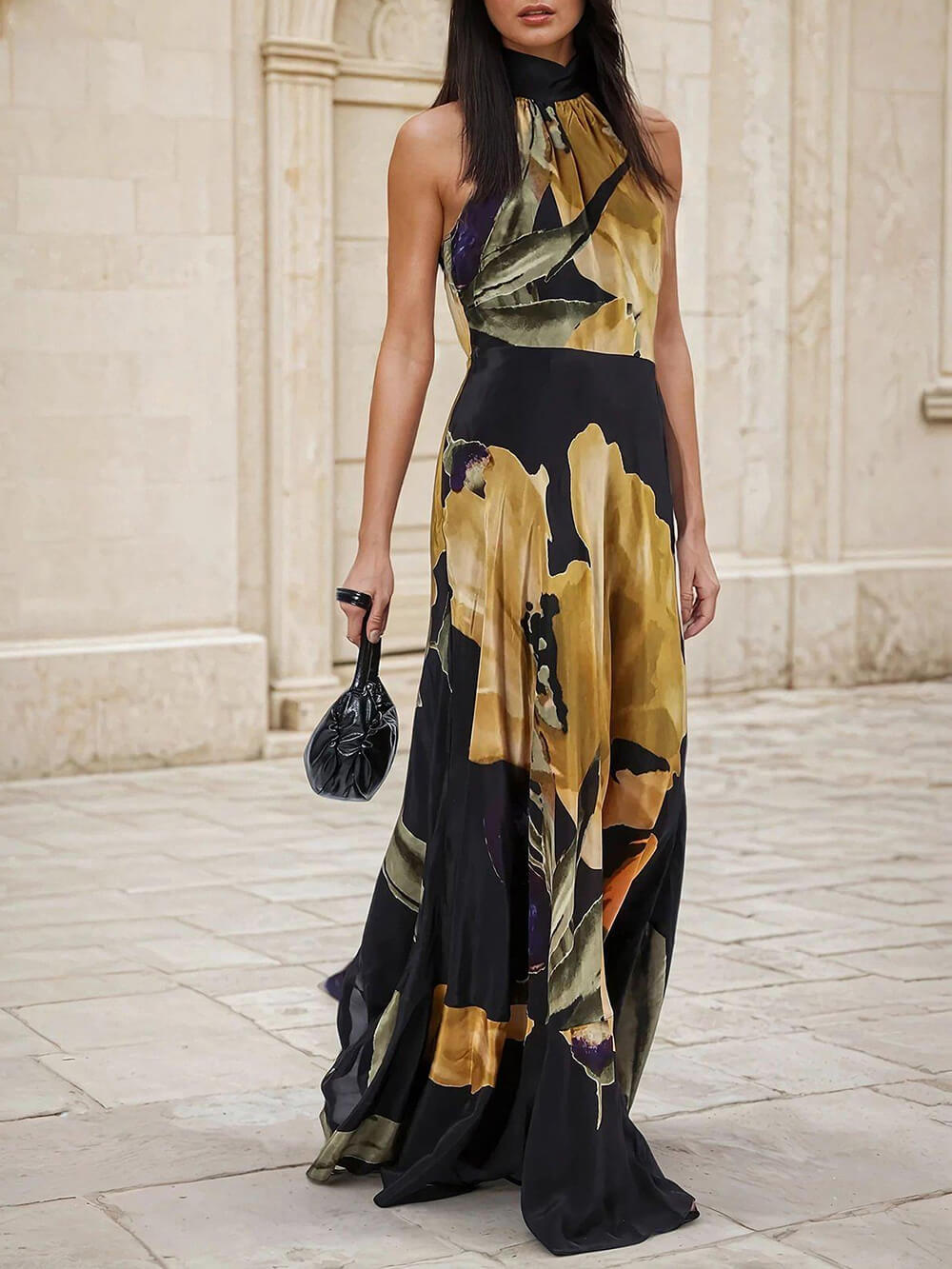 Unique Yellow Floral Print Straight Maxi Dress