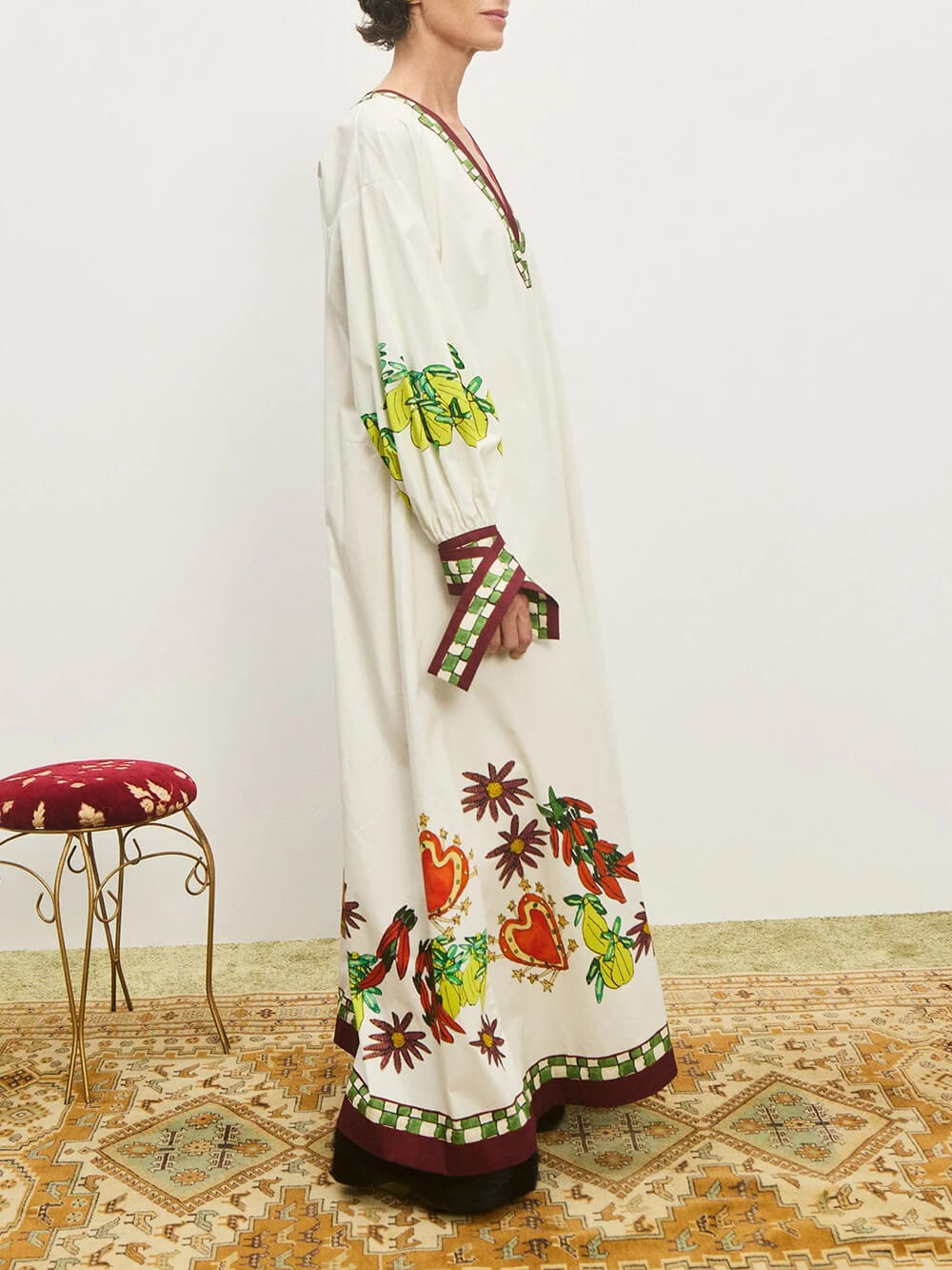 Unique Floral Print V-Neck Cuff Buttons Loose Maxi Dress