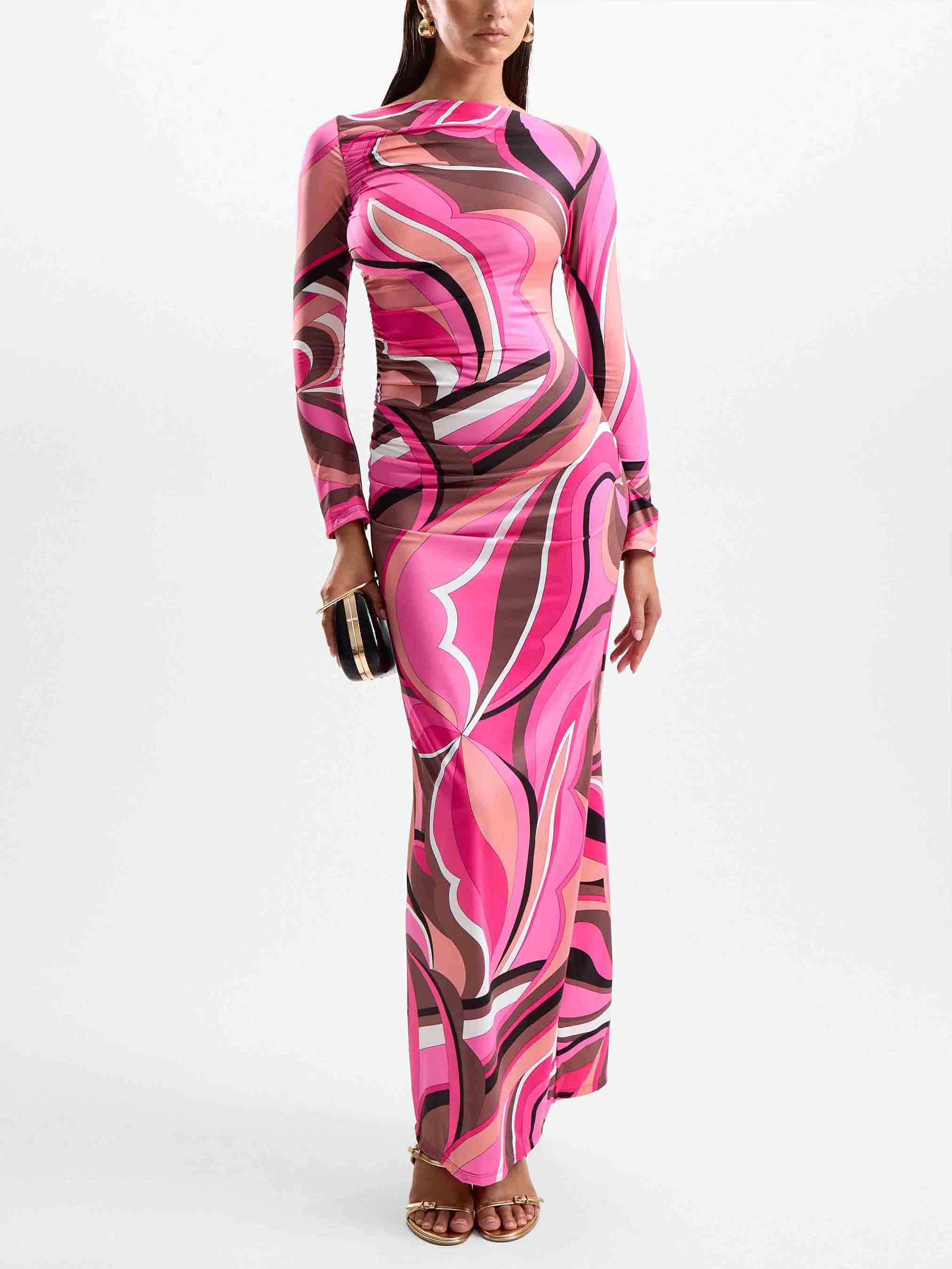 Exquisite Abstract Print Long-sleeved Knit Maxi Dress