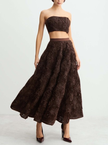 Elegant 3D Rose Applique Strapless Crop Top Two-Piece Set