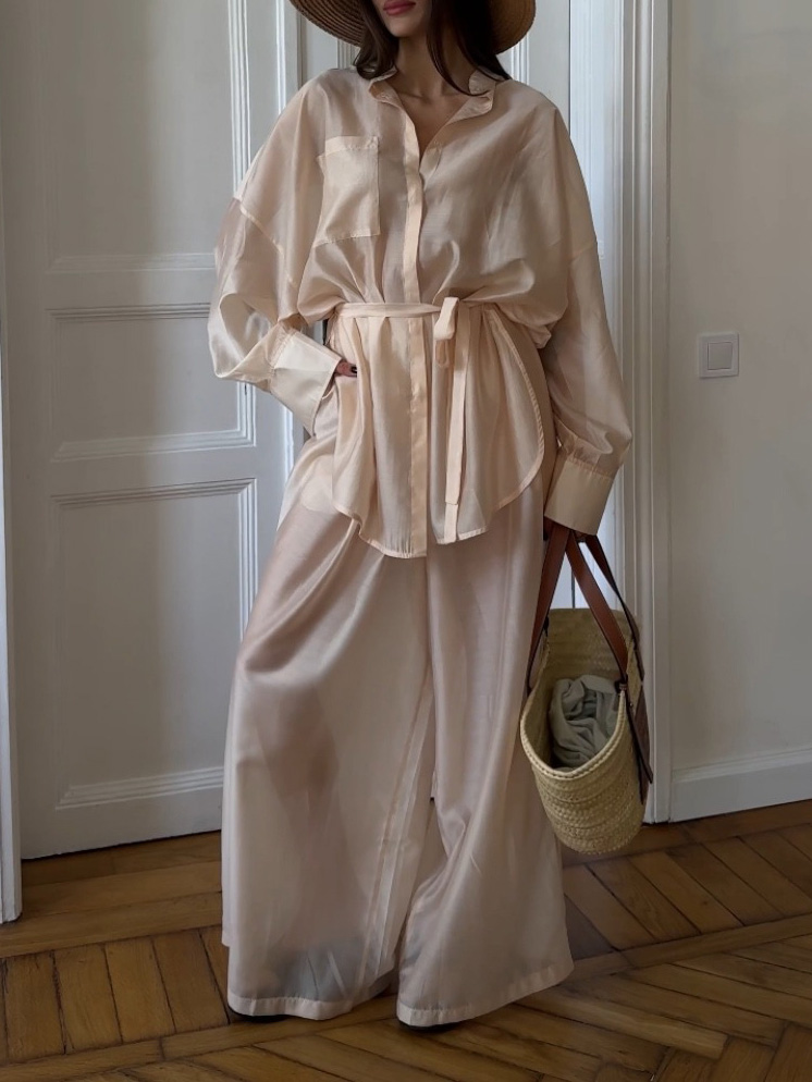 Elegant Belted Sheer Long-Sleeved Shirt