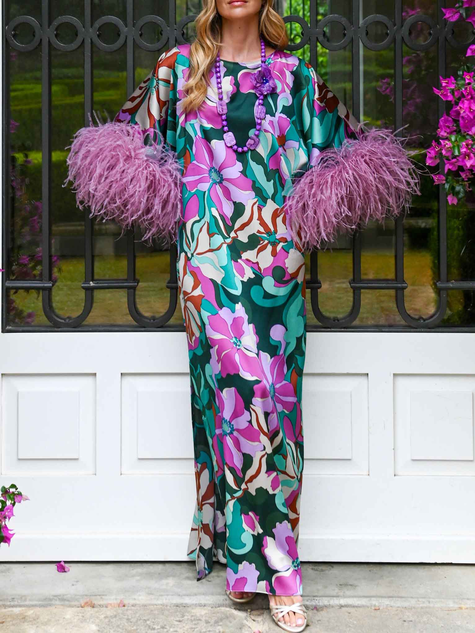 Elegant Floral Print Feather Cuff Satin Maxi Dress