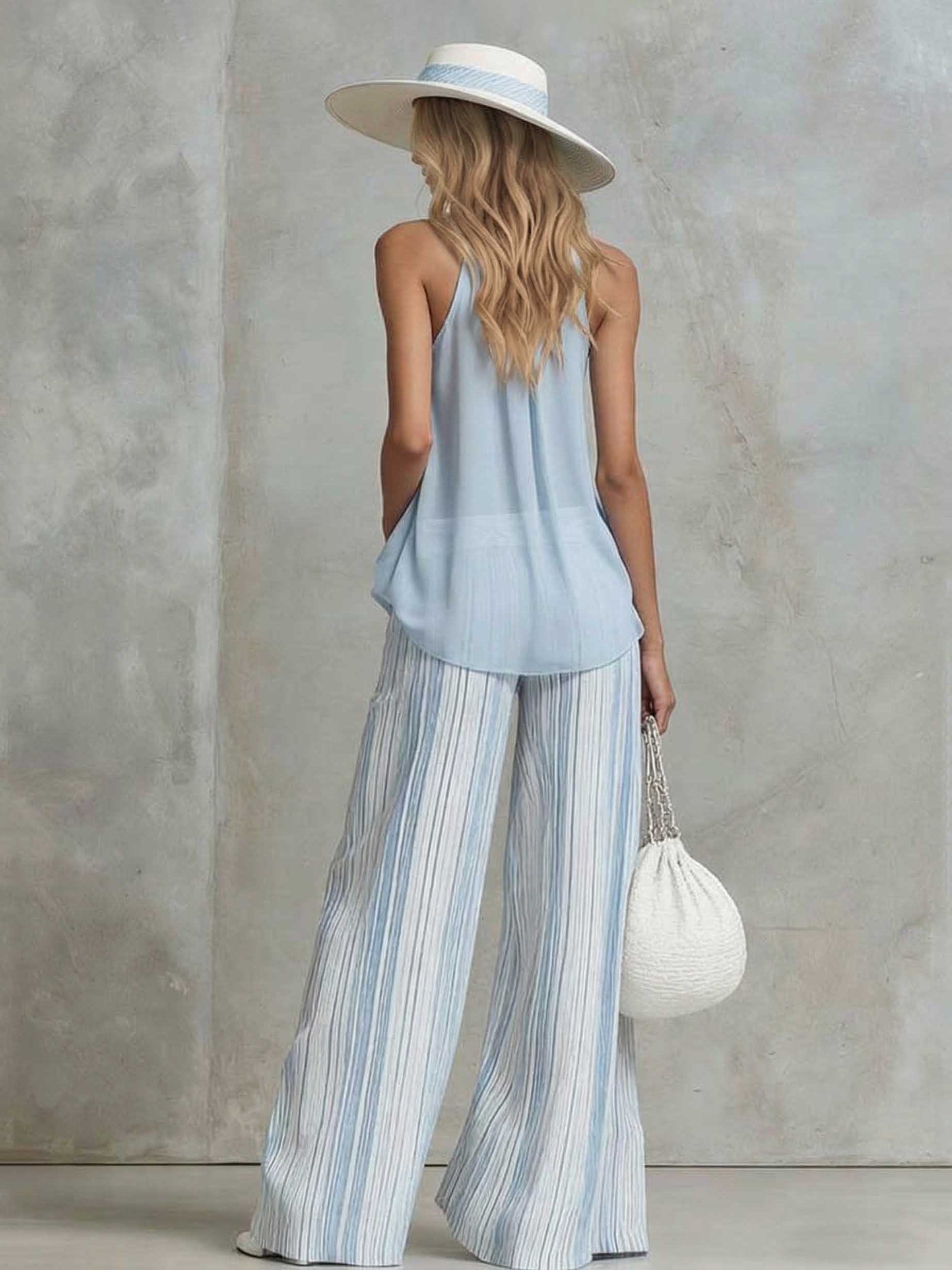 Elegant Sleeveless Top & Striped Wide-Leg Pants Set