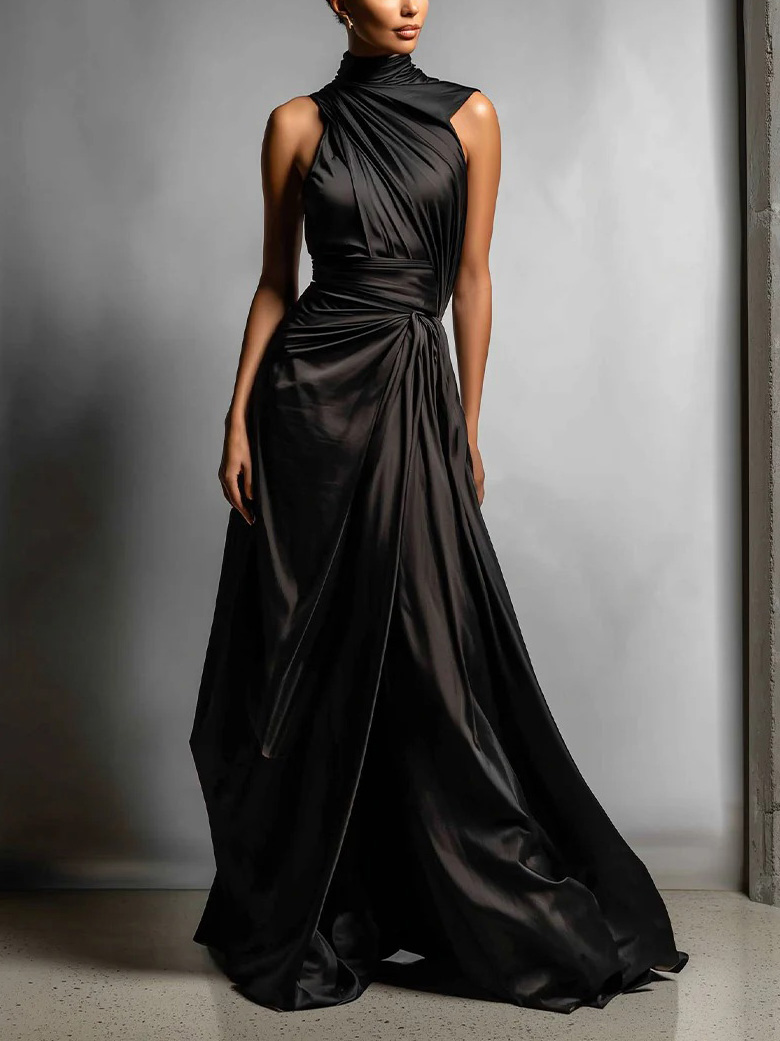 Elegant High-Neck Draped Satin Maxi Dress