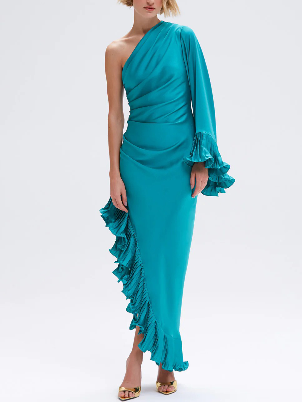 Elegant Satin One-shoulder Ruffled Asymmetrical Maxi Dress
