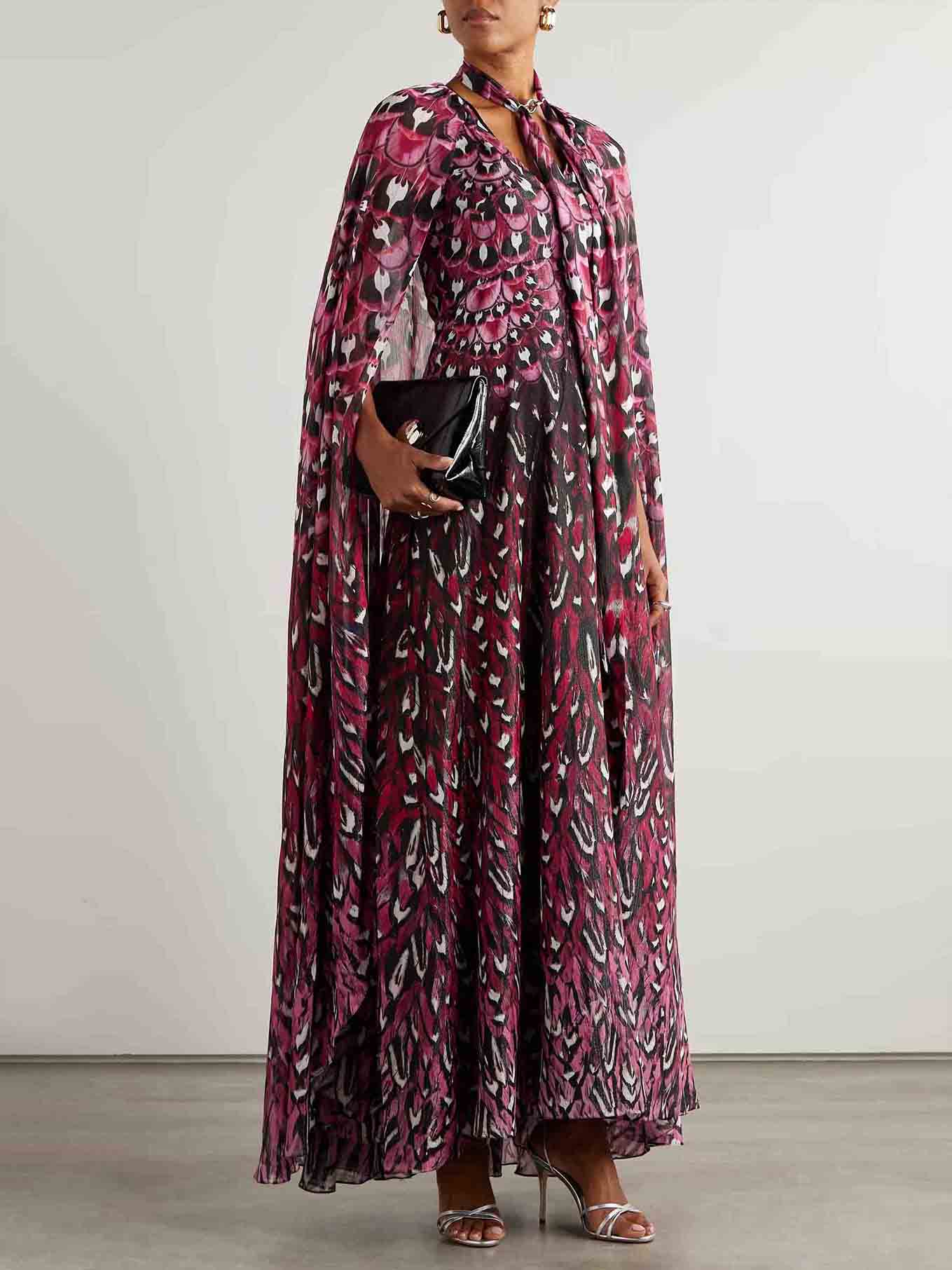 Exquisite Floral Print Cape-style Maxi Dress