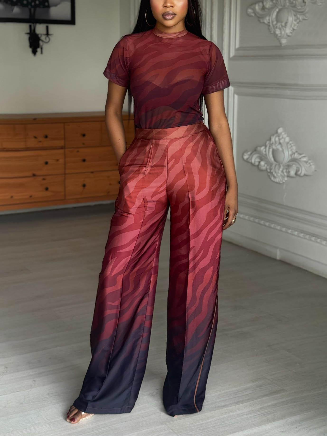 Gradient Zebra Print Satin Mesh T-shirt Two-piece Set