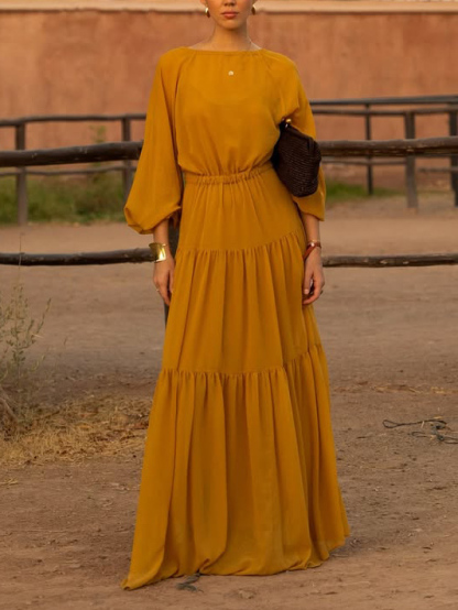 Elegant Round-Neck Long Lantern Sleeve Layered Chiffon Maxi Dress
