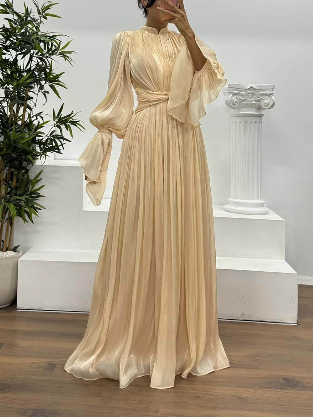 Fashionable Pleated Waist Long-Sleeved Chiffon Evening Maxi Dress