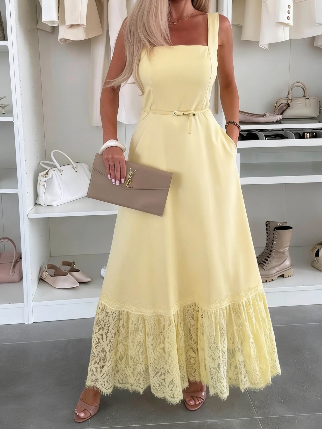 Elegant Square Neck Tie-Up Lace Maxi Dress