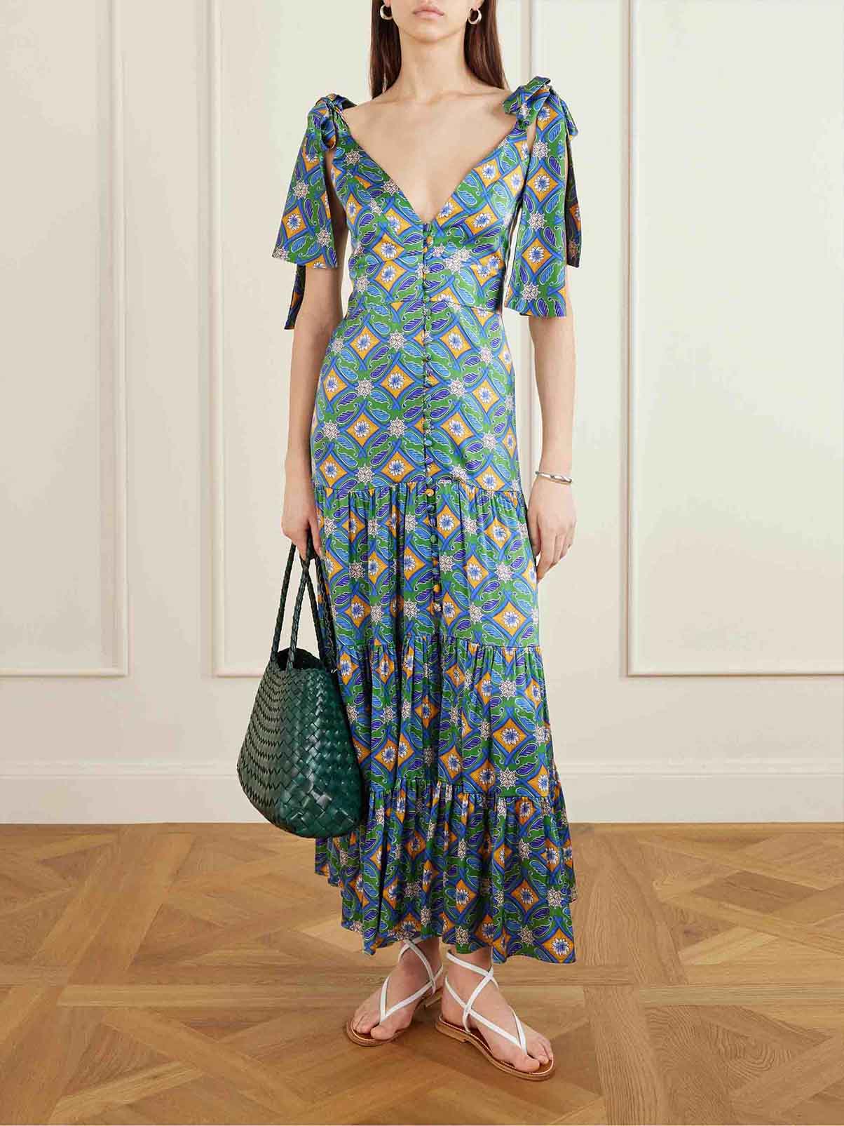 Elegant Retro Tile Print Layered Maxi Dress