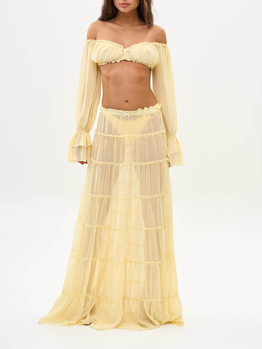 Fashion Off Shoulder Long Bell Sleeve Crop Top and Elastic Waist Layered Cover-up Maxi Skirt Set