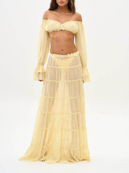 Fashion Off Shoulder Long Bell Sleeve Crop Top and Elastic Waist Layered Cover-up Maxi Skirt Set