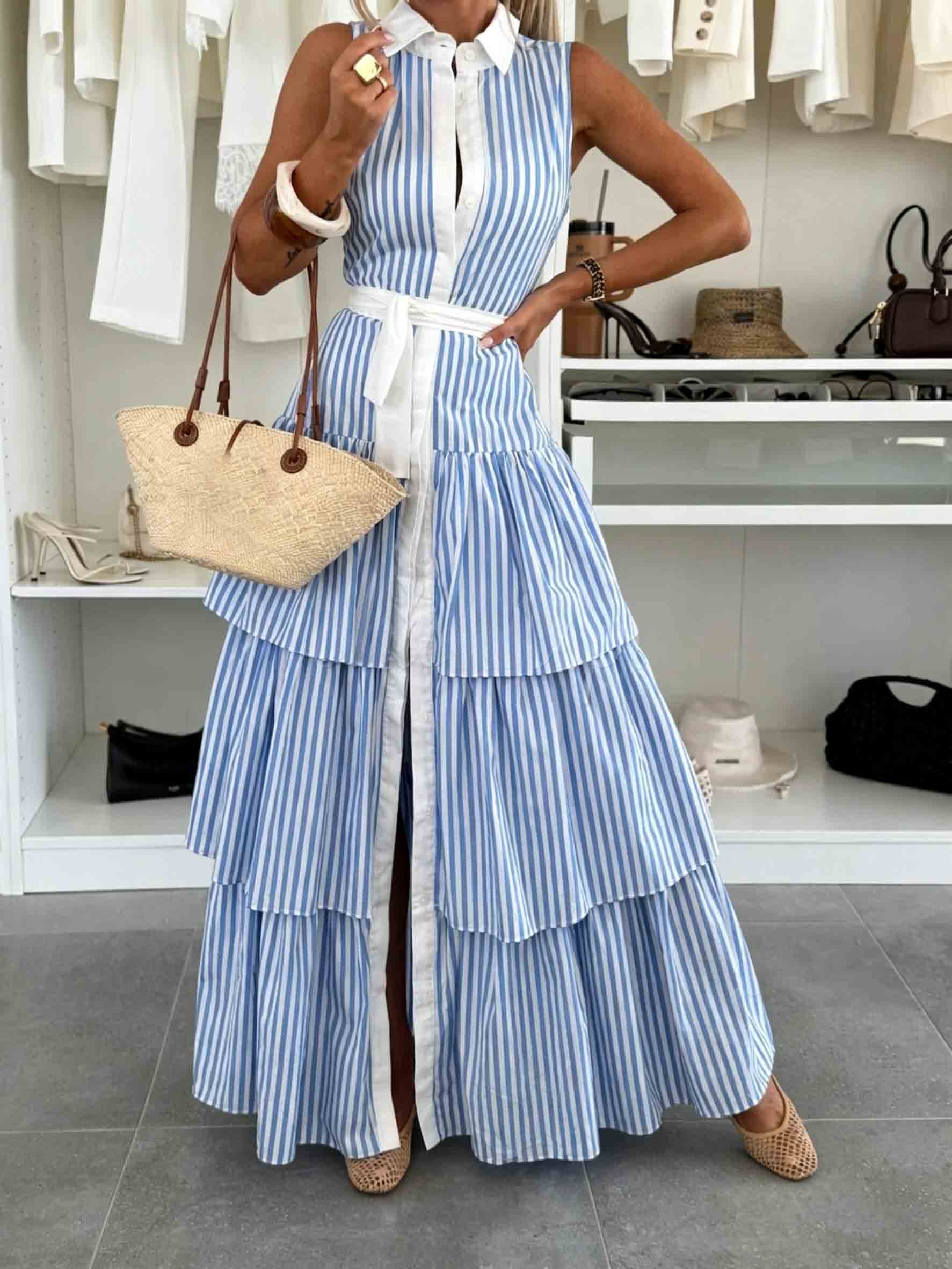 Casual Resort Striped Button-Front Tiered Ruffle Maxi Dress