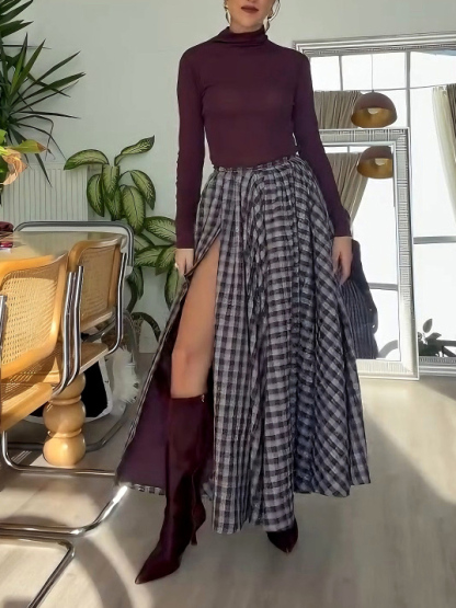 Elegant Plaid High-Slit Maxi Skirt