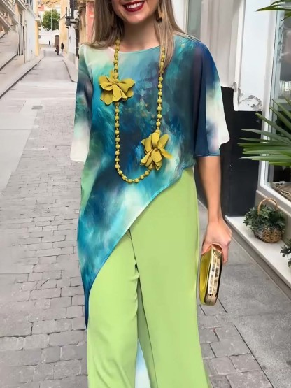 Abstract Watercolor Print Asymmetrical Two-piece Set