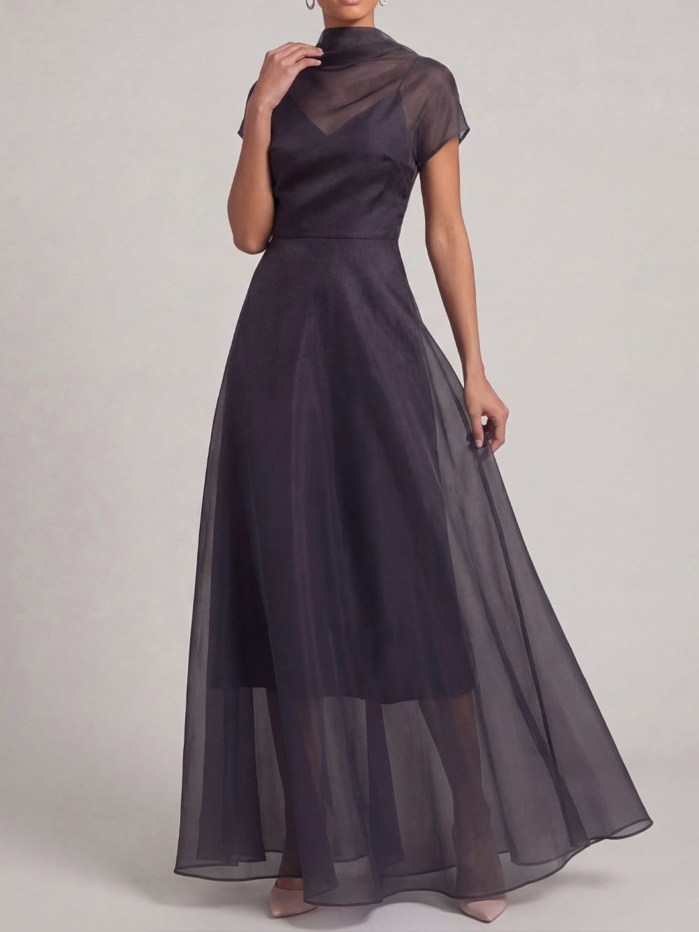 Elegant Sheer Overlay High-Neck Maxi Dress