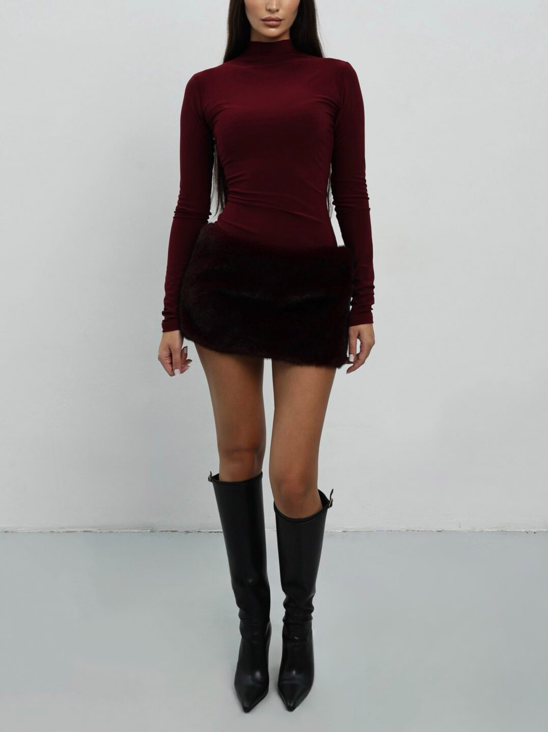 Elegant High-neck Knitted Faux Fur Mini Dress