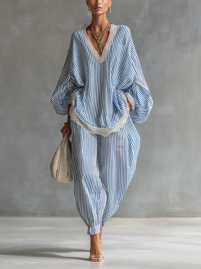 Casual Striped Batwing Sleeve Top & Drawstring Jogger Pants Two-Piece Set