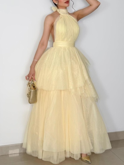 Elegant Backless Tie-Up Layered Tulle Maxi Dress