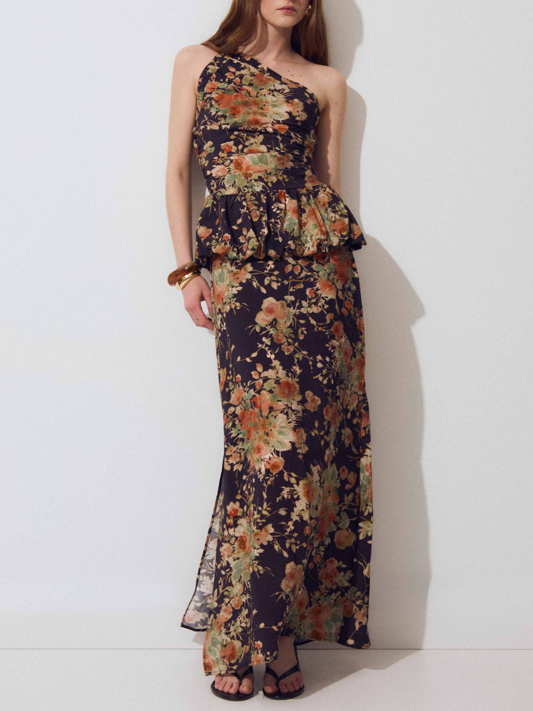 Retro Print One-Shoulder Ruffle Top & Midi Skirt Two-Piece Set