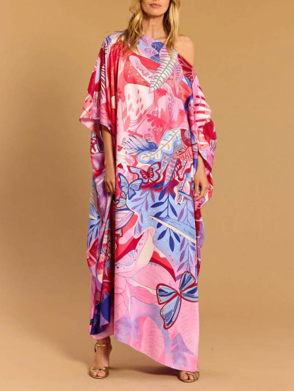 Elegant One-shoulder Satin Printed Maxi Dress