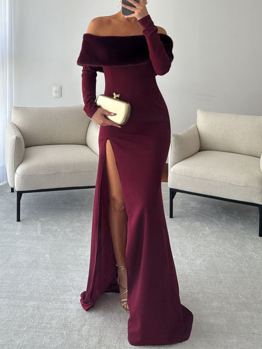 Elegant One-shoulder Plush Patchwork High-slit Maxi Dress