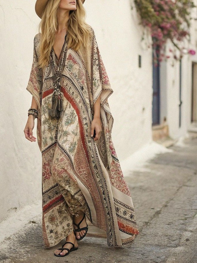 Boho Vintage Print Oversized Kaftan Maxi Dress
