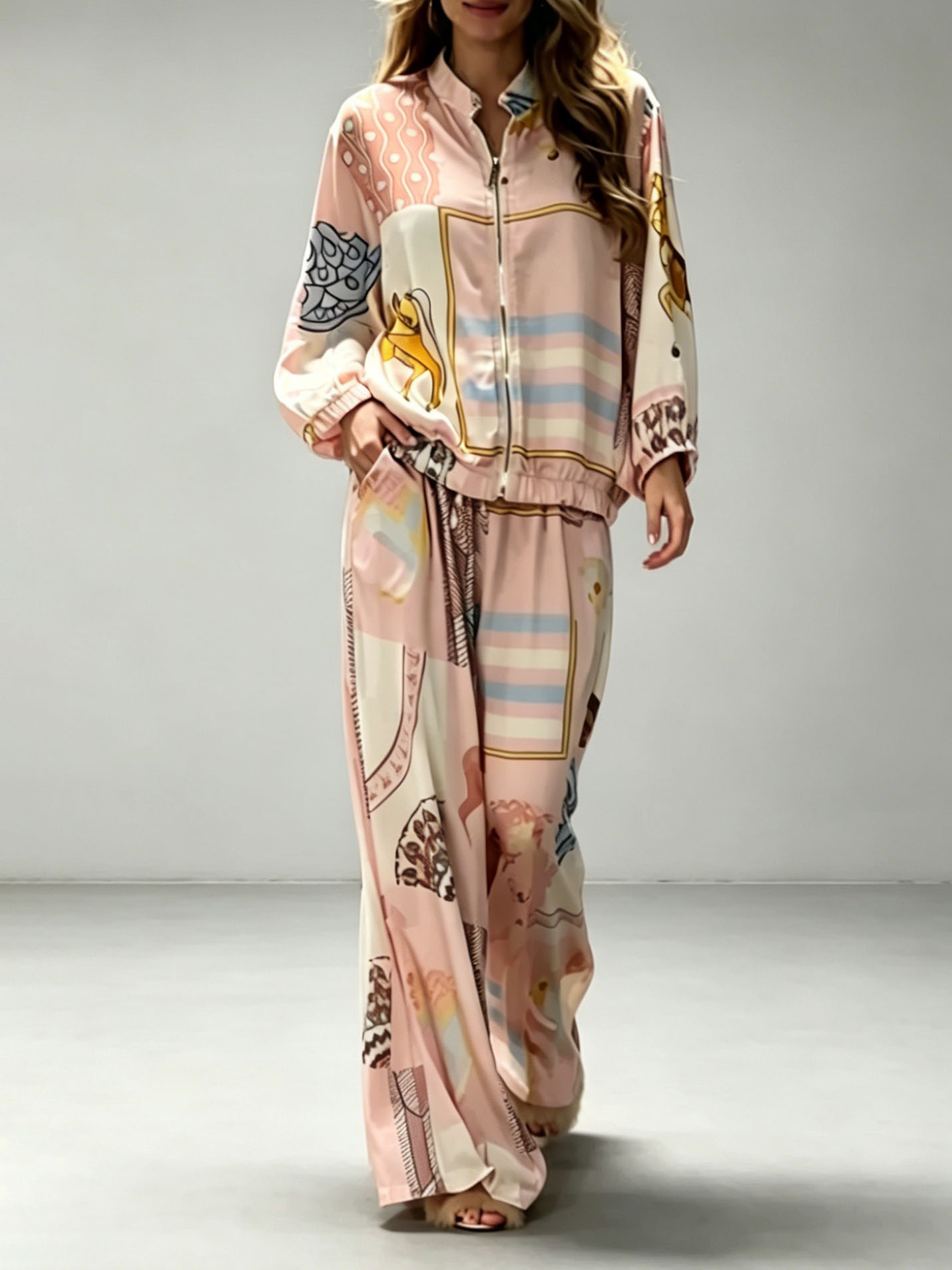 Casual Artistic Print Zip-Up Shirt