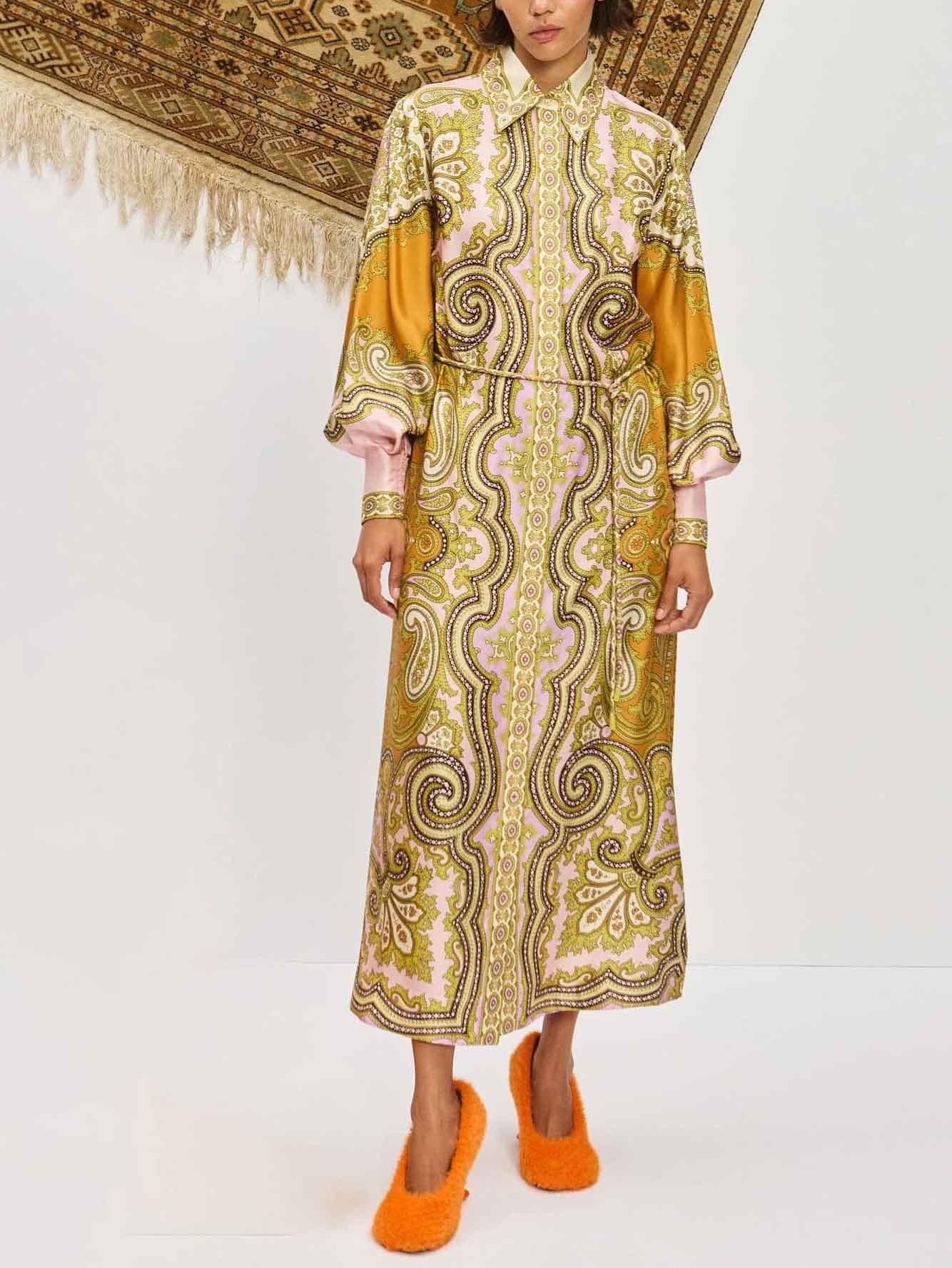 Exquisite Satin Unique Paisley Print Button Maxi Dress