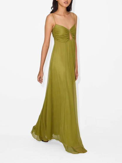 Elegant Metal Hollow Design Back Smocked A-line Slip Maxi Dress