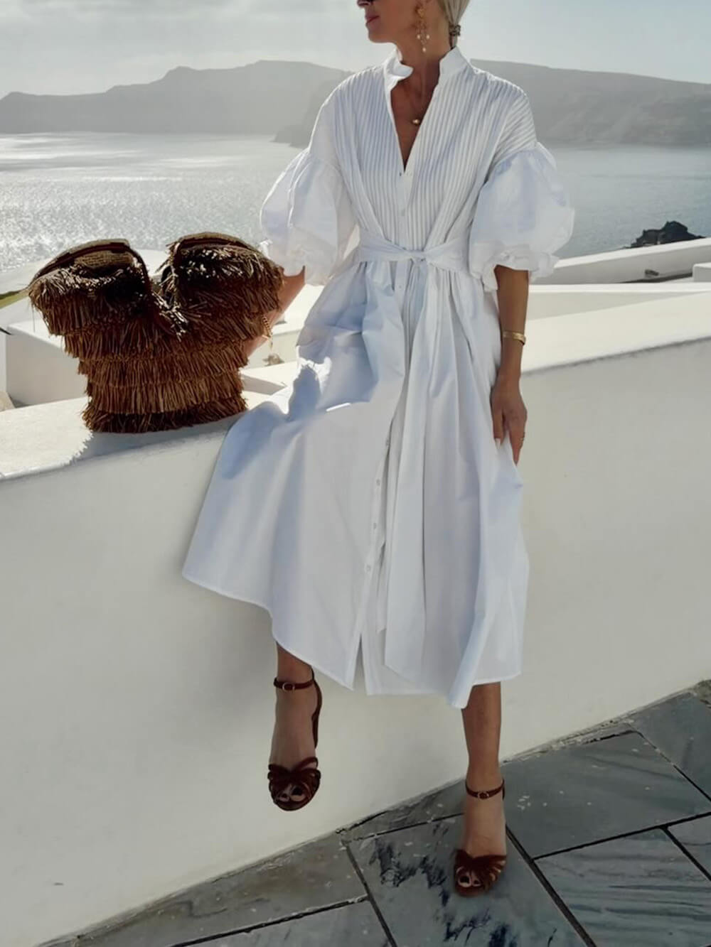 Bohemian Ruched Lantern Sleeve Midi Dress